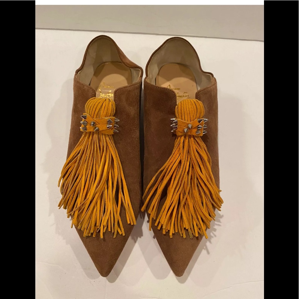 Christian Louboutin suede flat slippers slip on brown fringe studded 34 - Picture 7 of 13